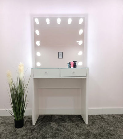 White Makeup Vanity with Frameless Mirror and Light – 2 Drawers