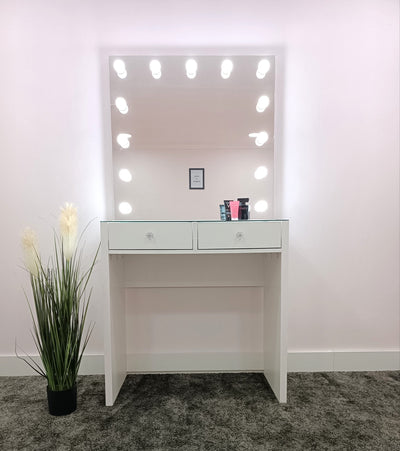 White Makeup Vanity with Frameless Mirror and Light – 2 Drawers