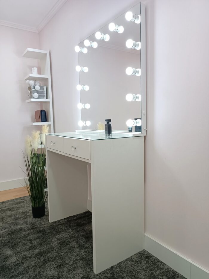 White Makeup Vanity with Frameless Mirror and Light – 2 Drawers