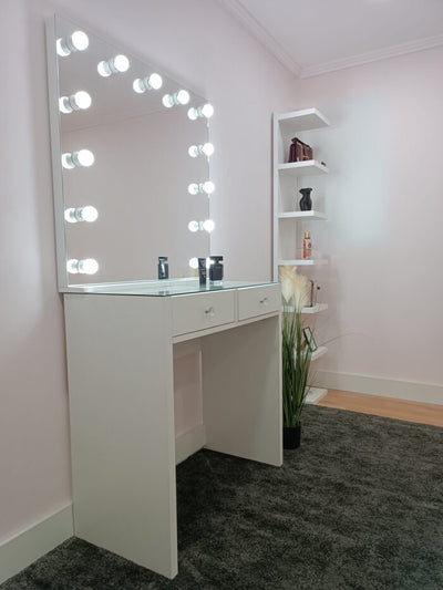 White Makeup Vanity with Frameless Mirror and Light – 2 Drawers