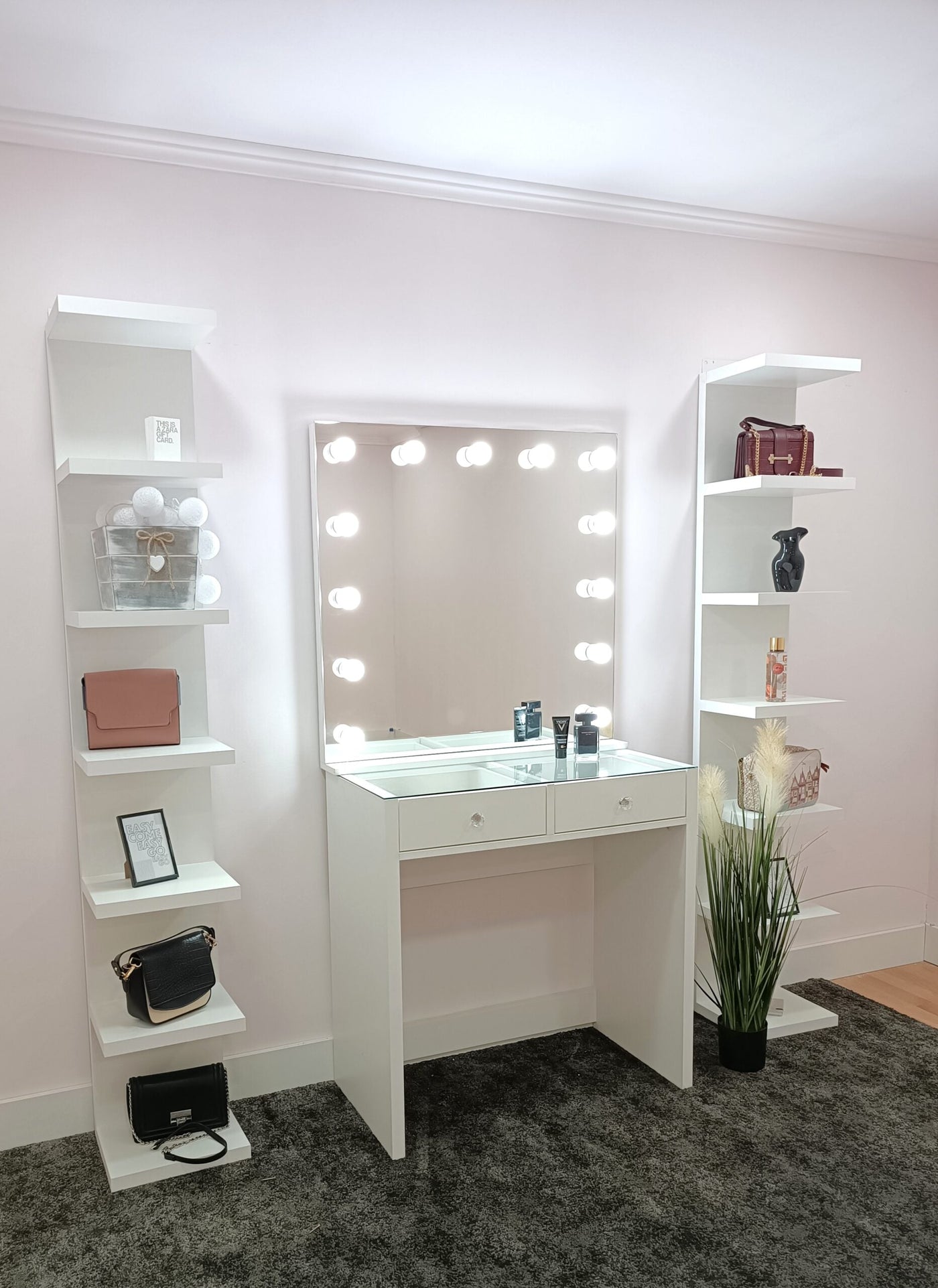 White Makeup Vanity with Frameless Mirror and Light – 2 Drawers