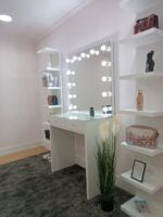 White Makeup Vanity with Frameless Mirror and Light – 2 Drawers