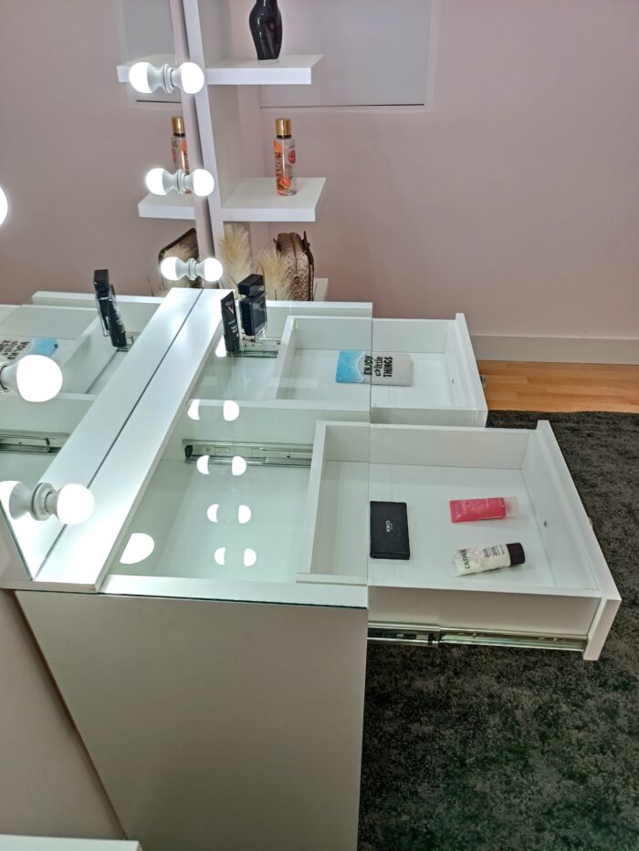 White Makeup Vanity with Frameless Mirror and Light – 2 Drawers