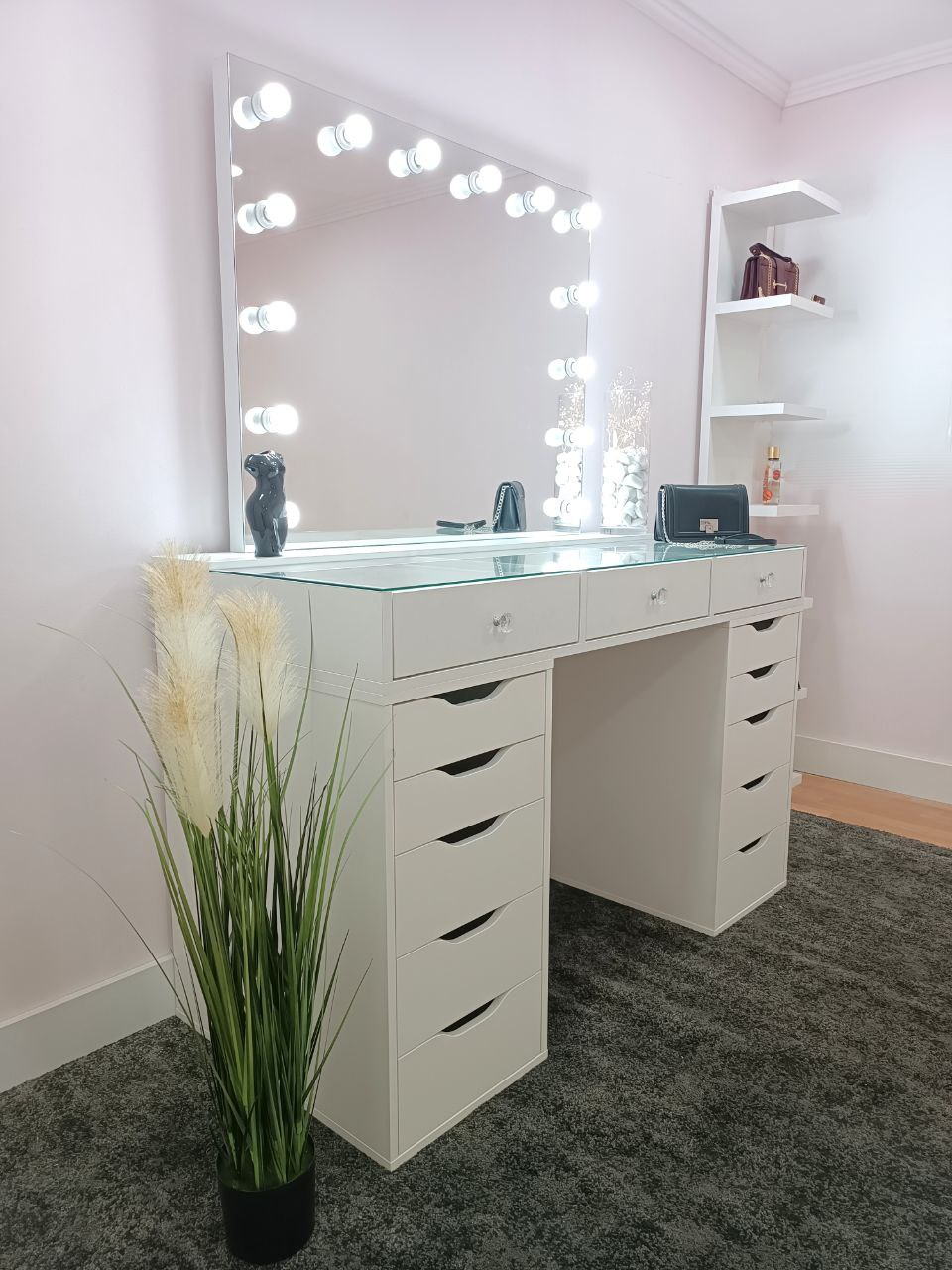 Vanity Makeup Desk with Hollywood Mirror